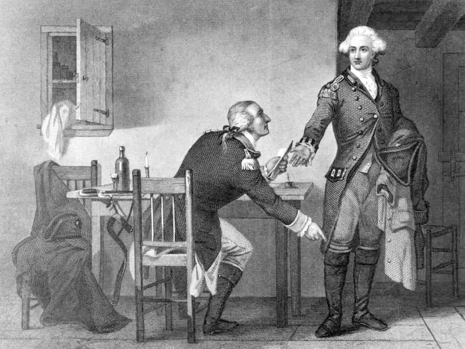 American turncoat Benedict Arnold persuades Maj. John Andre to conceal papers in his boot and send them to the British to enable them to capture West Point in this print by C.F. Blauvelt and W. Wellstood circa 1785.